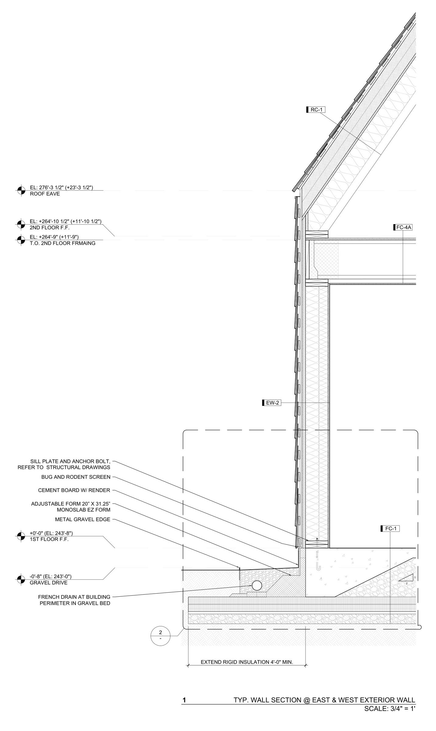 Wall section drawing showing the shingle, vented cavity, exterior insulation, framing and slab edge.