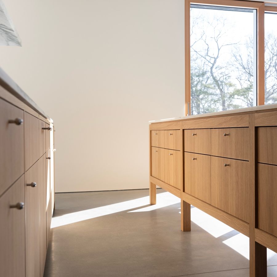 White oak drawers and the legs of the island.