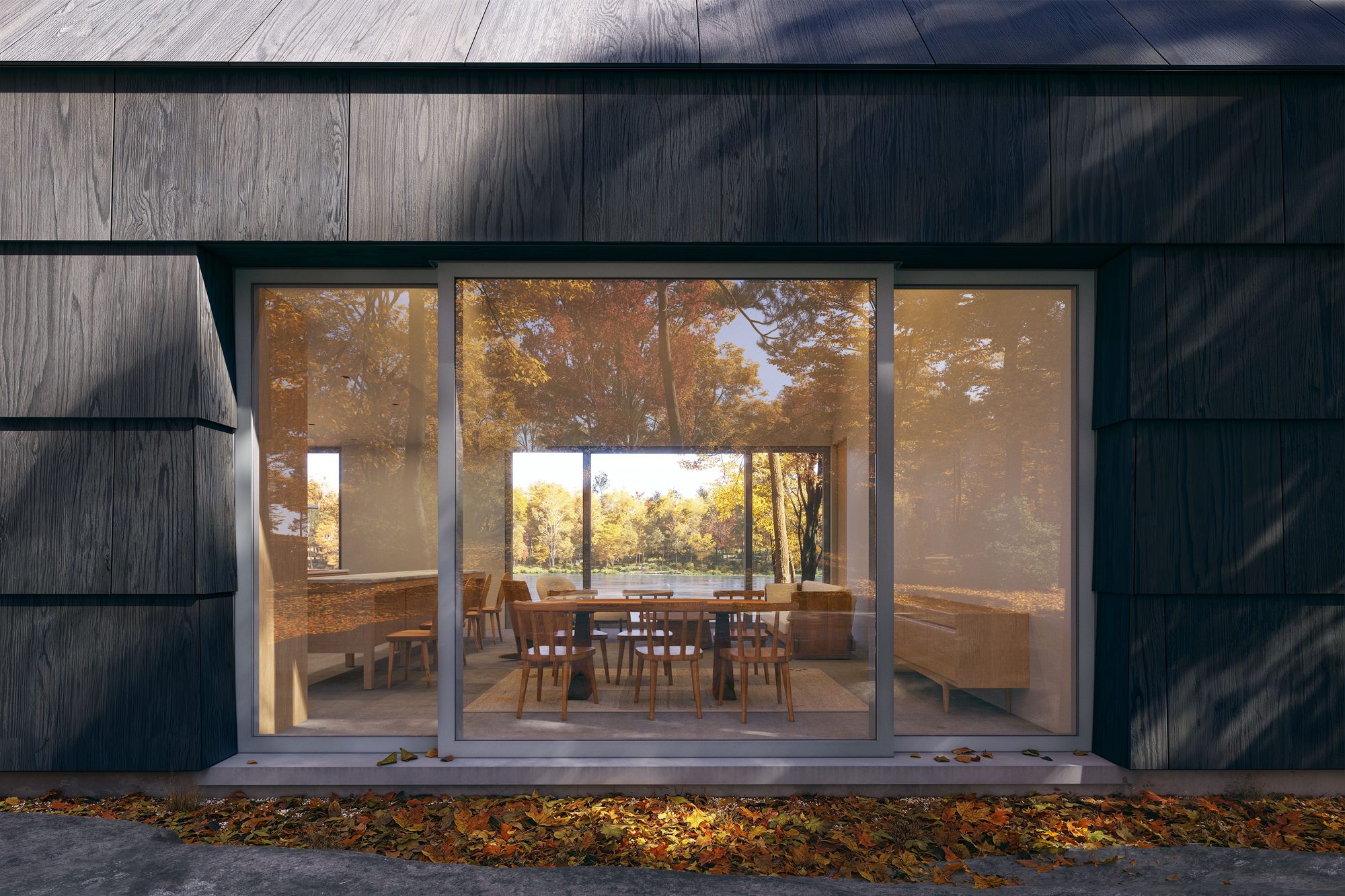 A rendering of Echo Pond, the house-shaped house: megashingle cladding around a glazed opening, with the dining table and the pond beyond